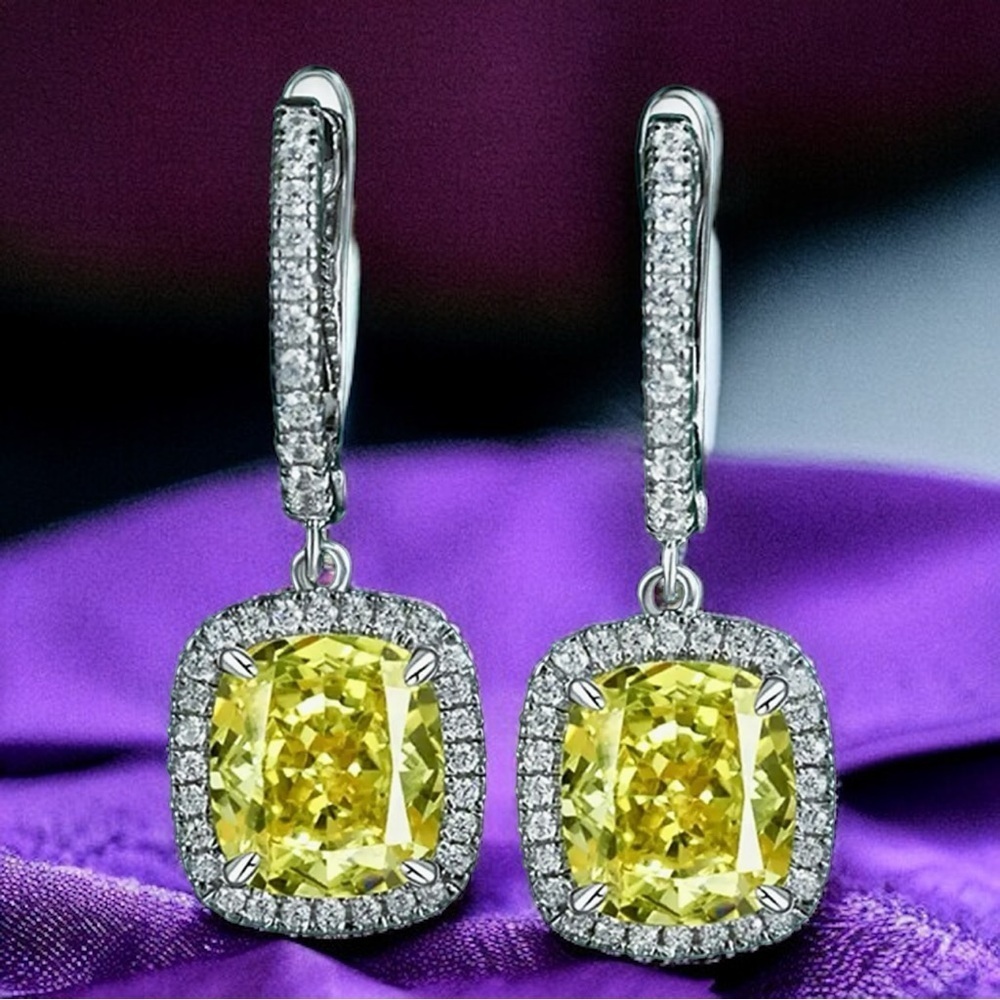 NEW Fancy Canary Yellow High Carbon Diamond Simulant Dangle Drop Earrings - Picture 6 of 17